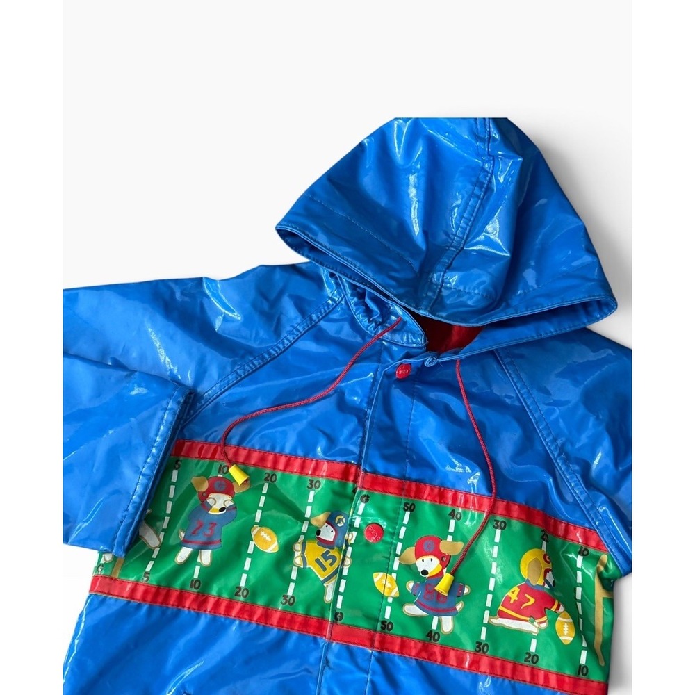 Vintage Kids 7 PVC Vinyl Hooded Color Block Raincoat Jacket Dogs Football 1987